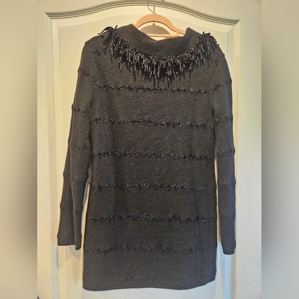 VINTAGE Fendi Cardigan Sweater Appliqué Stitched Fringe Collar Black Womens 42 8 - Picture 6 of 14